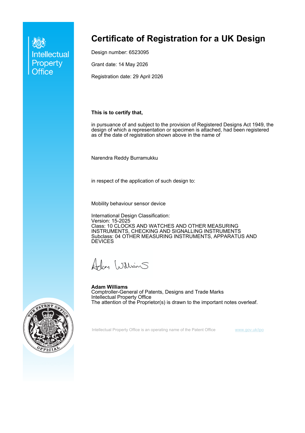 Certificate of Registration for a UK Design